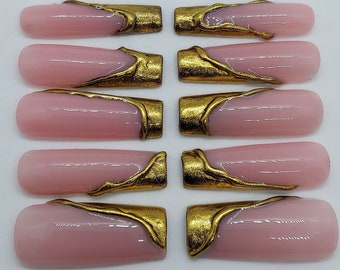 Uñas doradas 3D cromadas para graduación, atuendo dorado para boda real, uñas para vacaciones, idea de regalo para damas de honor, uñas para boda real, uñas doradas para novias.