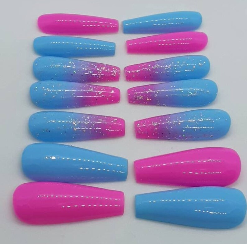 Blue and Pink Nails Gender Reveal Nails Gender Reveal Shower Ombre Nails Baby Shower Pink Baby Shower Nails Blue Baby Shower Idea Twin party Long