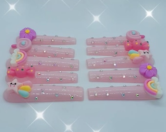 Kawaii 3D Charm Press On Nails, Pink Rhinestone Sparkle