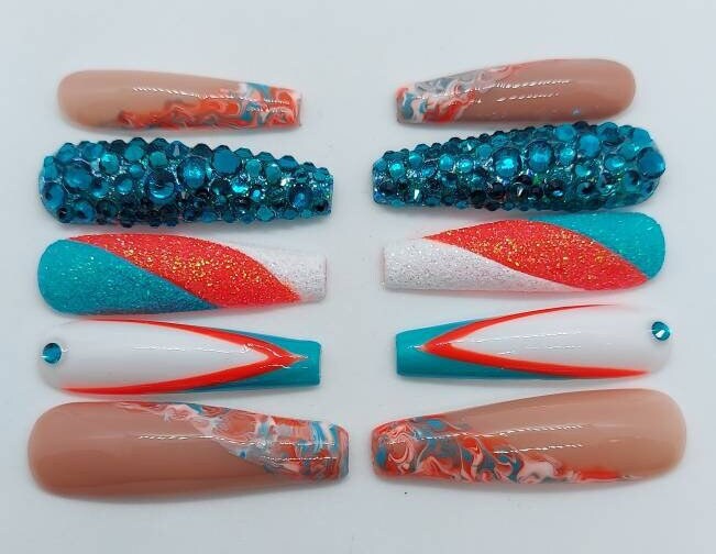 Miami Dolphins Colors Inspired Football Sugared Marble Rhinestone Nails ...
