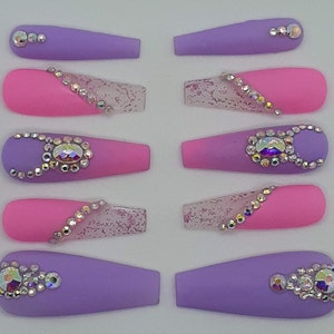Purple and Pink Nails Pink Rhinestone Nails Pink Glitter Nails Pink Prom Wedding Nails Lilac Purple Nails Luxury Press on Nails Custom Nails