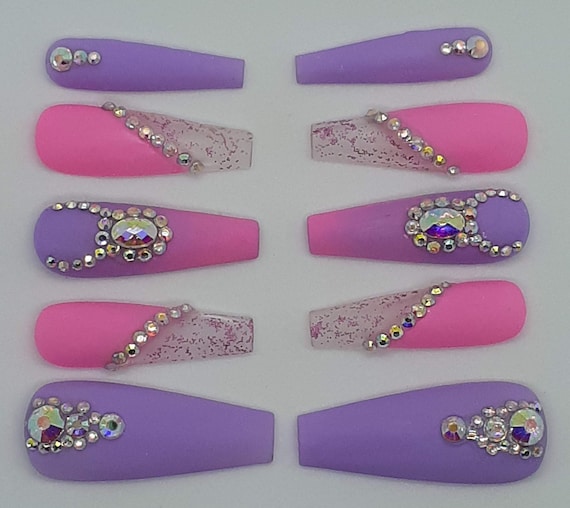 Purple Pink Press on Nails Rhinestone Nails Glitter Press on Nails