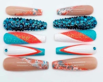 Miami Dolphins Colors Inspired Football Sugared Marble Rhinestone Nails Football Team Nails Teal Rhinestones Sports Girl Gifts Football Girl
