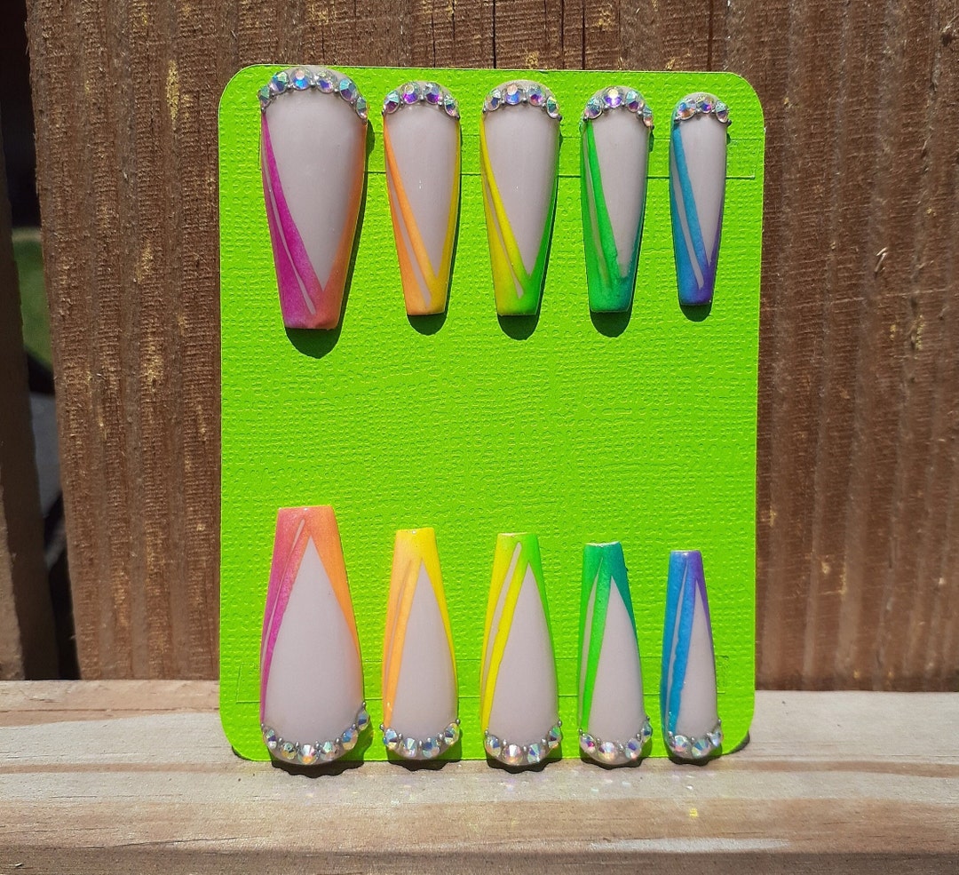 Rainbow Nails Rainbow Party Nails Vibrant Colorful Nails Rhinestone Nails Neon Nails Bright