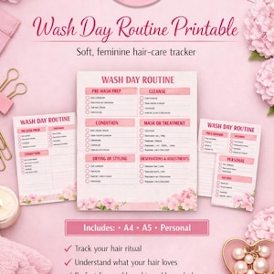 Könnte beinhalten: Ein rosafarbenes Wash Day Routine-Druckvorlagen-Set in den Größen A4, A5 und Personal. Die Blätter enthalten Abschnitte für die Vorwäsche, Reinigung, Pflege, Behandlung, das Styling und Beobachtungen, verziert mit floralen Elementen.