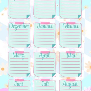 May include: A colorful calendar with the text "Wichtige Ereignisse" at the top. Each month from September to August is displayed on a separate lined notepad, with a floral background.