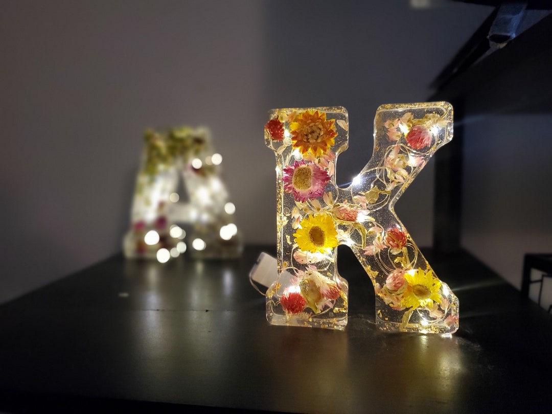 Custom LED Light Epoxy Resin Letter Dried Flowers Decor Boho Aesthetic