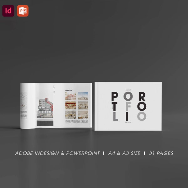 Modèle de portfolio d'architecture moderne en niveaux de gris, vol.2 | Design d'intérieur | Adobe InDesign et PowerPoint | Formats A4 A3| Portfolio d'art professionnel