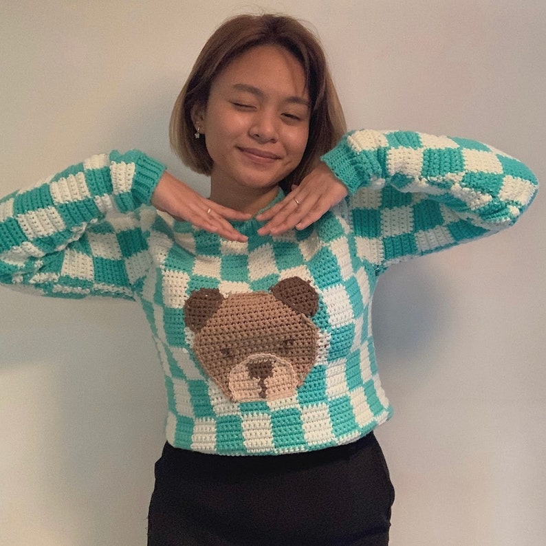 May include: A teal and white checked crochet sweater with a brown crocheted bear applique on the front.