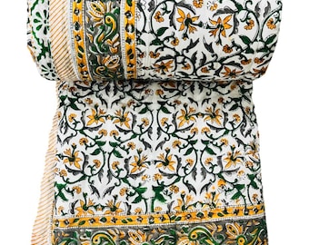 Hand Block Printed Cotton Quilt, Reversible Floral Bedspread, Lightweight Razai