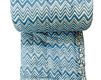 Blue Cotton Quilt, Hand Block Printed Bedspread, Reversible Razai