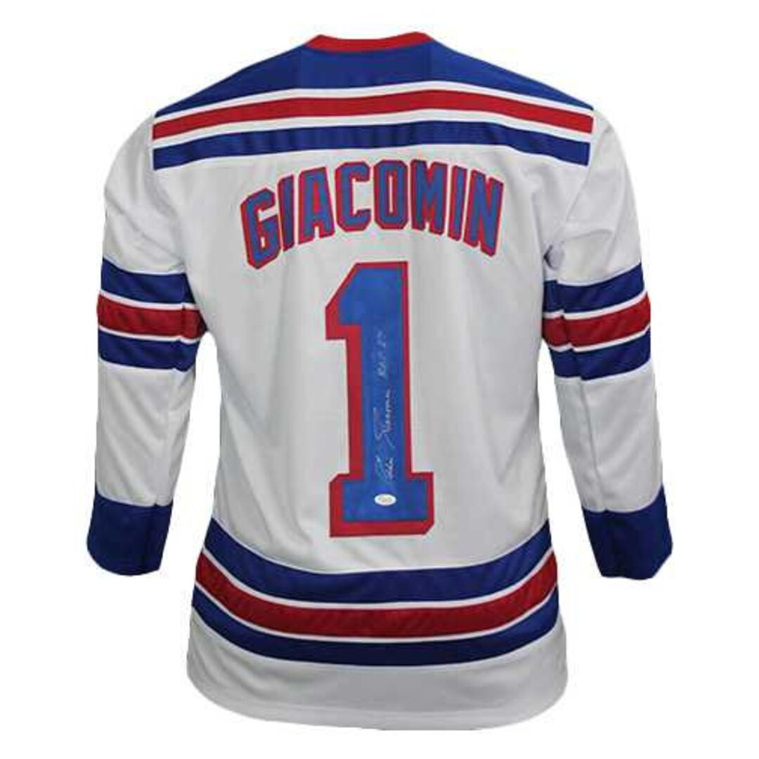 Eddie Giacomin Autographed Pro Style New York Hockey Jersey White (JSA) HOF  Inscription Included