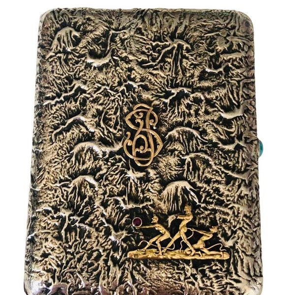 Unique antique Imperial solid silver 84 Zolotniki cigarette case Samorodok with gold emblem. Heavy 272gr total weight.