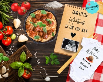 Annuncio di gravidanza digitale con spaghetti e polpette / Cibo / Pasta / Umorismo / Ottimo per i social media / Annuncio di gravidanza