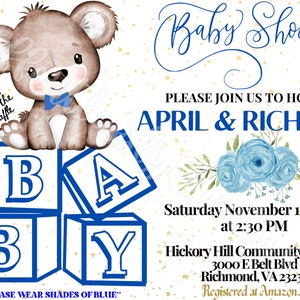 Bears and Blocks Invitation | Baby Shower | Printable | Digital PNG File | Evite