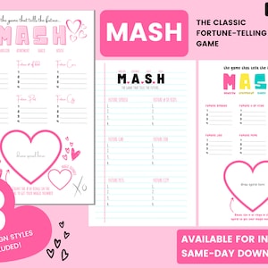 MASH the Game | Instant Download PDF | Valentine&#39;s Game | Printable Party Game | Galentine&#39;s Party Game | 3 Styles / Themes Included!