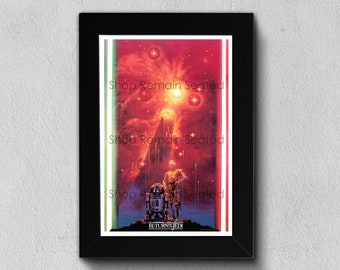 Return of the Jedi Poster | Star Wars Episode 6 ROTJ Ohrai Print | Starfall Vintage R2-D2 C-3PO Wall Art | Red Green Lightsaber Sci-Fi Decor