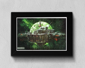 Macross Robotech SDF-1 Poster | Super Dimension Fortress Wall Art | Veritech Valkyrie Print | Rick Hunter Roy Fokker Max Minmay Mecha White