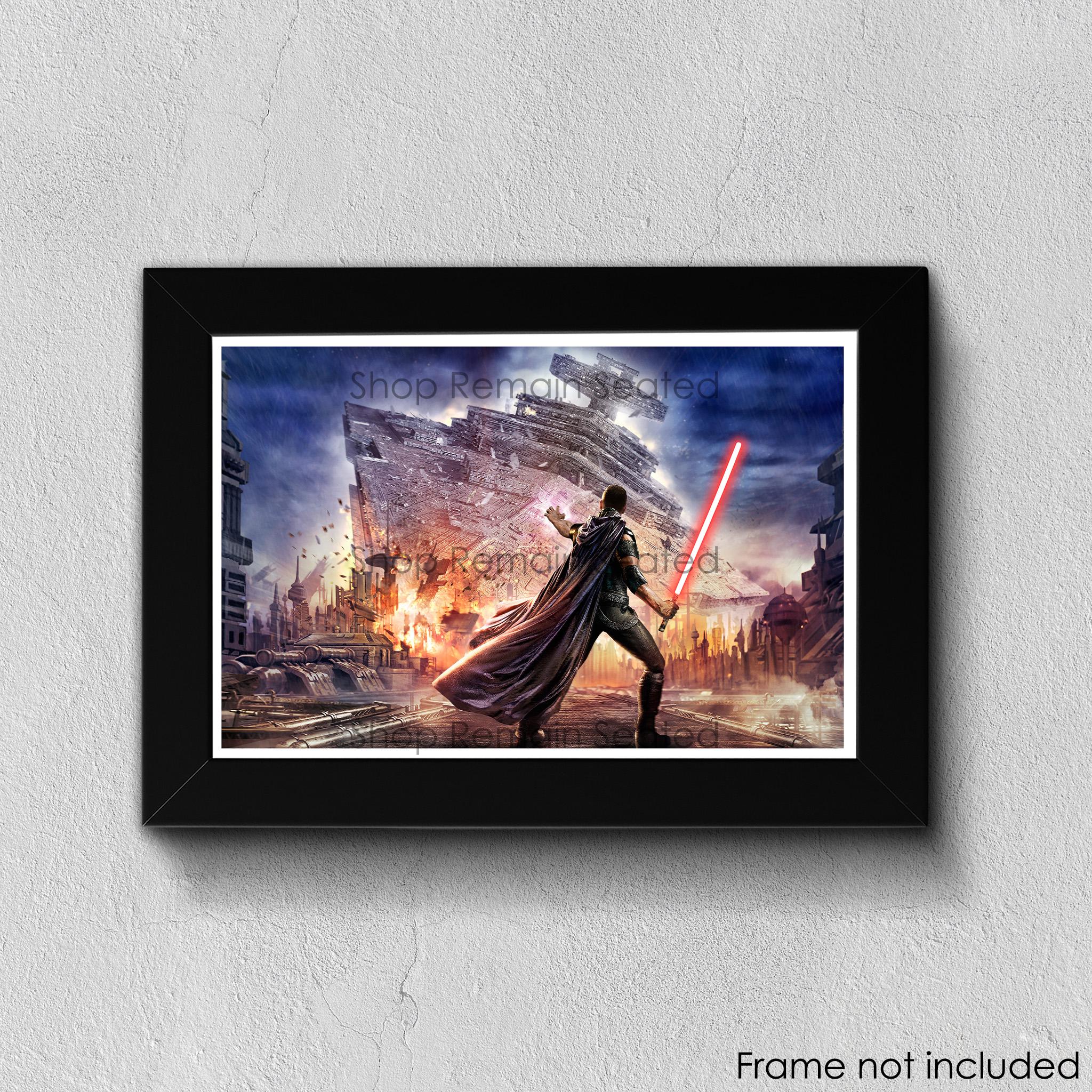 Starkiller Star Destroyer Poster | Star Wars Force Unleashed Wall Art | Galen Marek Lightsaber Print | Sci-Fi Gamer Decor Gift Idea | White