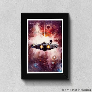 May include: A black and white illustration of a spaceship flying through a colorful nebula. The spaceship is surrounded by stars and planets. The image is framed in black.