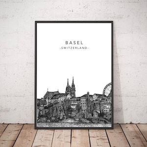 Basel Switzerland Digital Download Print Architecture Travel Poster Handmade Ink Illustration Cityscape Landmark Black and White Wall Art