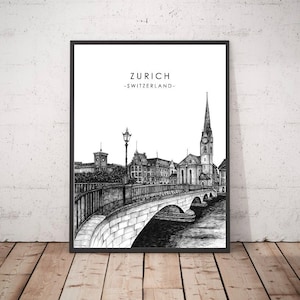 Switzerland Zurich Digital Download Print Architecture Travel Poster Handmade Ink Illustration Cityscape Landmark Black and White Wall Art