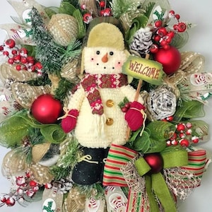 Christmas Snowman Wreath with Welcome Sign, Festive Holiday Front Door Decor, Red Green Gold Winter Wreath, Handmade Christmas Decoration