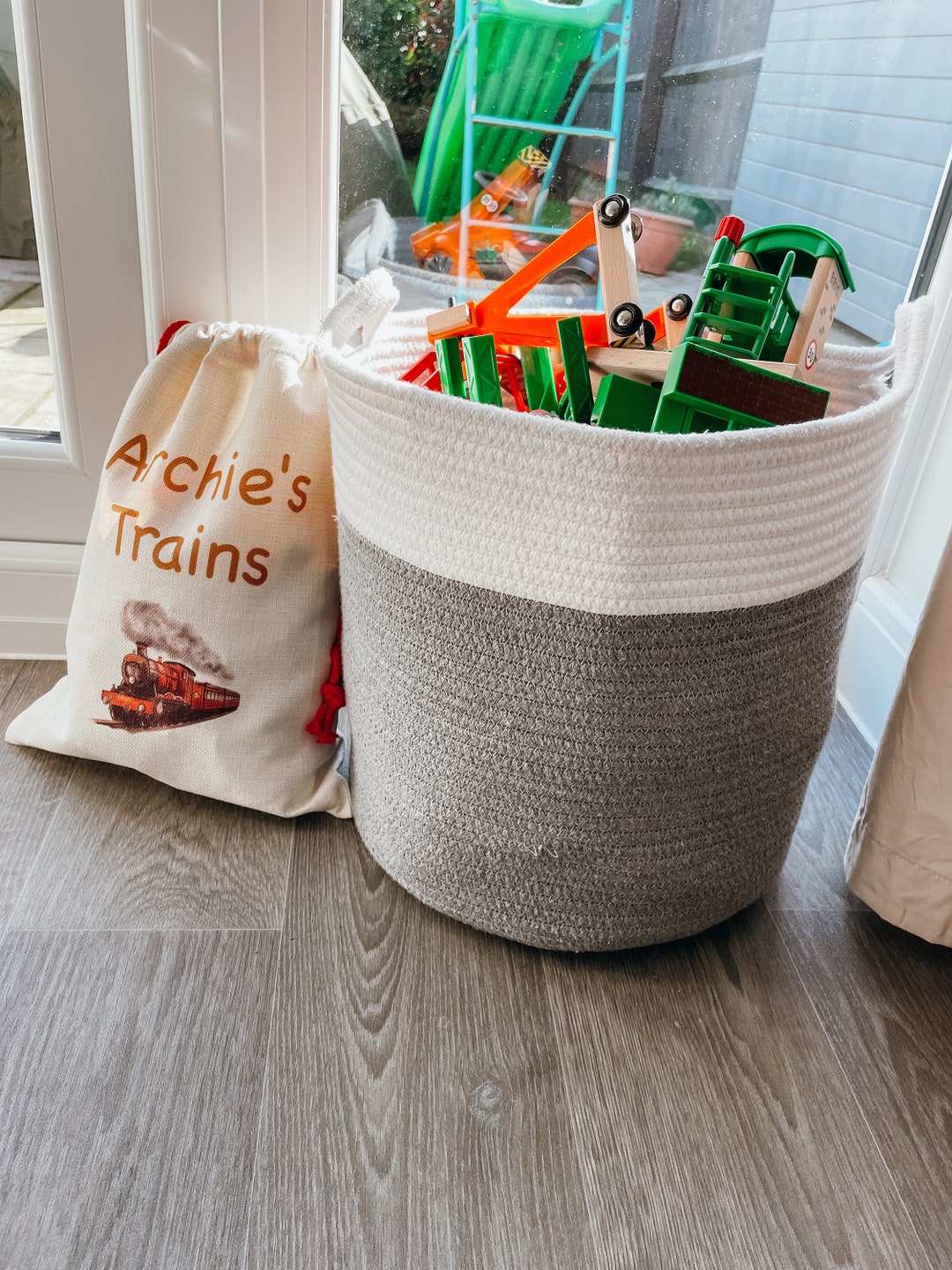 Personalised Train Bag, Playroom Storage Bag, Toy Storage Bag, Fabric