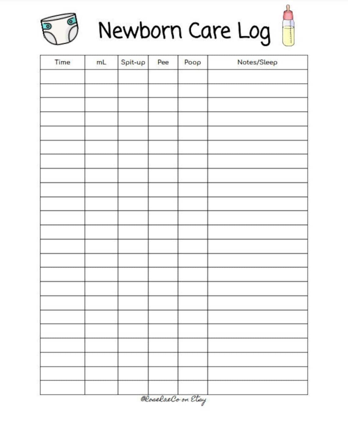 Newborn Care Log Printable Infant Baby Feeding PDF Tracker Milk 8.5x11 ...