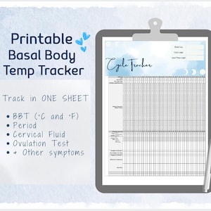 Può includere: Un tracker stampabile della temperatura basale su un appoggio per appunti. Il design include un ciclo tracker con spazio per registrare la temperatura basale in gradi Celsius e Fahrenheit, periodo, fluido cervicale, test di ovulazione e altri sintomi.