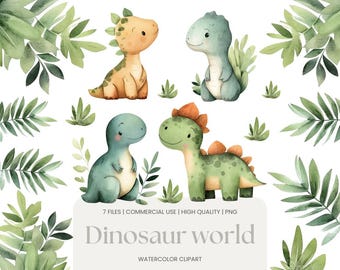 Dinosaur World Watercolor Illustrations | Watercolor Dinosaur Clipart Bundle | 7 PNG Cartoon Dinosaur Clipart | Printable Watercolor Clipart