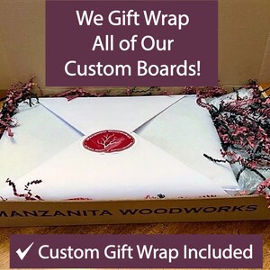 Personalized hardwood whiskey or tequila shot board includes custom gift wrap for a complete holiday gift.  Gift packaging includes shot board, board butter, custom box, and packing materials.  Adding 4 shot glasses to your board order is optional.