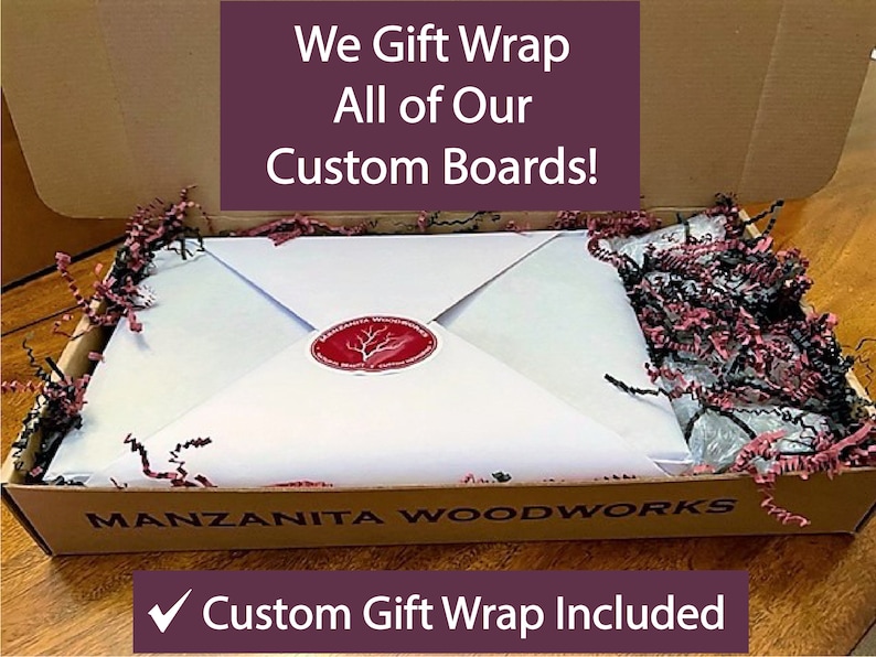 Personalized hardwood whiskey or tequila shot board includes custom gift wrap for a complete holiday gift.  Gift packaging includes shot board, board butter, custom box, and packing materials.  Adding 4 shot glasses to your board order is optional.