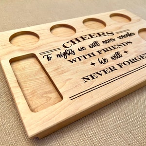 Hardwood maple tequila shot flight tray, new couple gift, housewarming gift with personalized last names or first names engraved on maple wood shot board. Home drink cart or tequila bar and cantina gift, cheers with friends you will never forget!