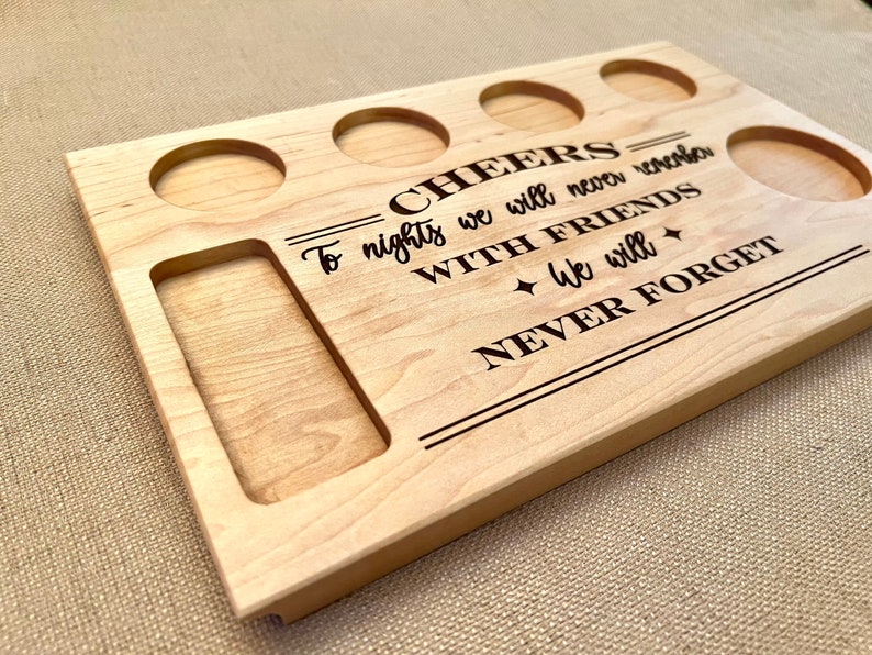 Hardwood maple tequila shot flight tray, new couple gift, housewarming gift with personalized last names or first names engraved on maple wood shot board. Home drink cart or tequila bar and cantina gift, cheers with friends you will never forget!