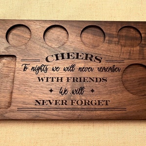Hardwood walnut tequila shot flight tray, new couple gift, housewarming gift with personalized last names or first names engraved on maple wood shot board. Home drink cart or tequila bar and cantina gift, cheers with friends you will never forget!