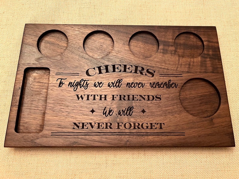 Hardwood walnut tequila shot flight tray, new couple gift, housewarming gift with personalized last names or first names engraved on maple wood shot board. Home drink cart or tequila bar and cantina gift, cheers with friends you will never forget!