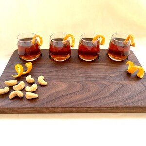 Personalized shot board for couple. Hardwood walnut whiskey shot board, custom bourbon gift for your favorite couple, personalized wedding gift, wood home bar cart gift, man cave wood whiskey gift set, personalized last name gift for the Holidays.