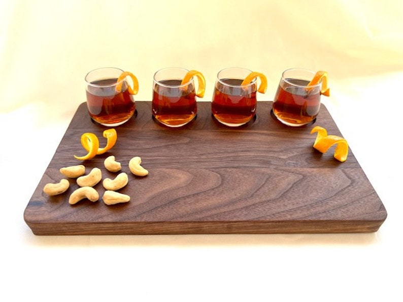 Personalized shot board for couple. Hardwood walnut whiskey shot board, custom bourbon gift for your favorite couple, personalized wedding gift, wood home bar cart gift, man cave wood whiskey gift set, personalized last name gift for the Holidays.