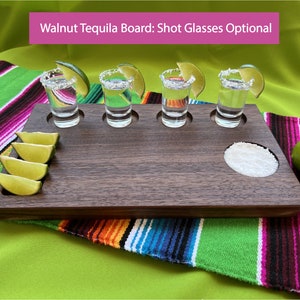 Personalized hardwood walnut tequila shot board, handcrafted unique shot board for tequila gift set, you can include shot glasses to make this a complete gift set for any celebration, great gift for a home tequila bar and cantina!