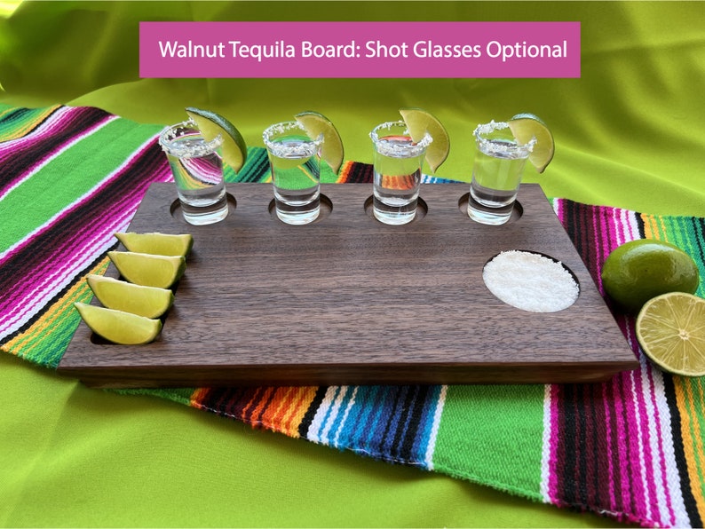Personalized hardwood walnut tequila shot board, handcrafted unique shot board for tequila gift set, you can include shot glasses to make this a complete gift set for any celebration, great gift for a home tequila bar and cantina!