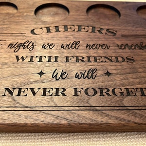 Walnut hardwood tequila shot flight board, handmade.  Cheers to friends we will never forget. This minimalist wood shot board is a great gift for someone who enjoys unique details of walnut and a quality handcrafted and personalized tequila bar gift.