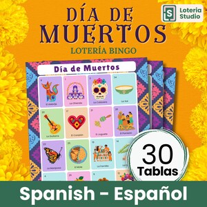Dia de los Muertos Loteria Español 30 Tablas - Tag der Toten Loteria Bingo Klassenzimmer Familienaktivität Actividad 30 Karten