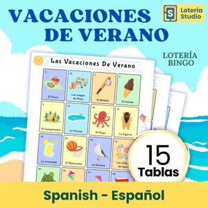 15 Summer Fun Loteria - Juego imprimible en español / Tema Vacaciones de Verano / Descarga digital