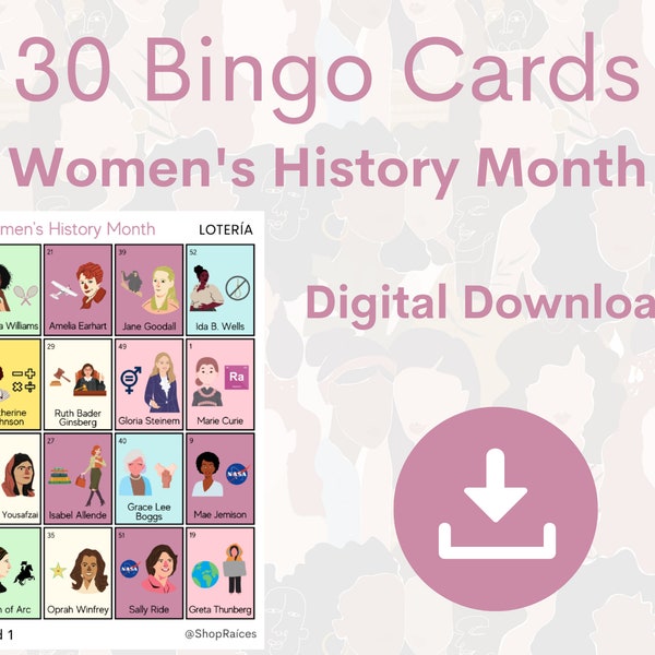 30 Card Women's History Month Bingo Loteria International Women's Day Game 4x4 Grid