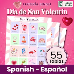Día de San Valentín Loteria 55 Tablas español Familia Game Bingo Juego Niños School Amor y Amistad Espanhol Dia dos Namorados Jogo Sala de Aula