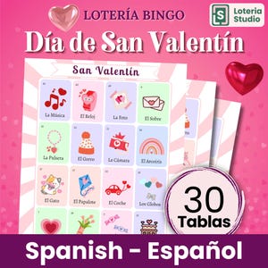 Día de San Valentín Loteria 30 Tablas español Familia Game Bingo Juego Niños School Amor y Amistad Spanish Valentine's Day Game Classroom