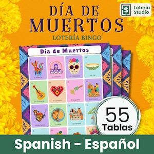 Dia de los Muertos Loteria Español 55 Tablas - Dia dos Mortos Loteria Bingo Sala de Aula Atividade Familiar Actividad 55 Cartas