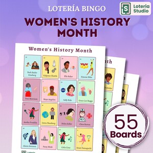 Lotería de bingo de 55 cartas del Mes de la Historia de la Mujer Juego del Día Internacional de la Mujer