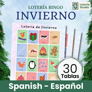 Invierno Español 30 Tablas - Loteria Bingo Actividad Familiar en el Aula Actividad 30 Cartas